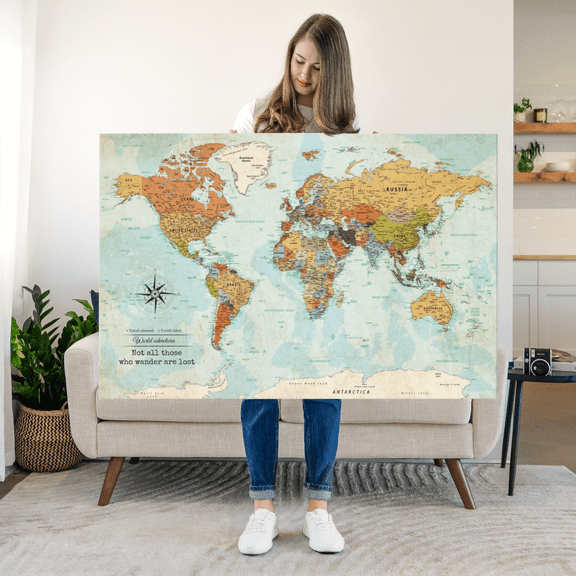 Elephant Stock Wanderer Push Pin World Map Wall Art - Map Canvas Art - 24" x 16"