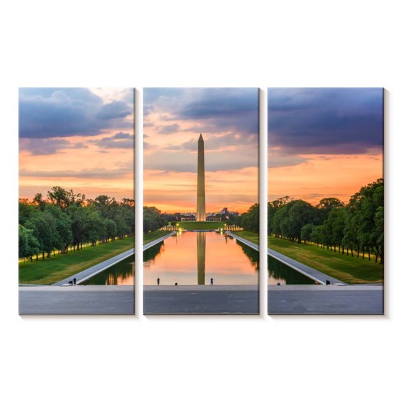 Elephant Stock Washington Monument At Sunset Wall Art - Horizontal Multi Panel Canvas - Living Room Wall Decor - Architecture Multi Panel - Green And Blue Decor - 45" x 28"