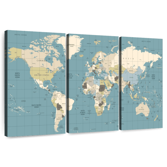 Elephant Stock Water Blue World Map Wall Art - Horizontal Multi Panel Canvas - Living Room Wall Decor - Map Multi Panel - Blue And Beige Decor - 45" x 28"
