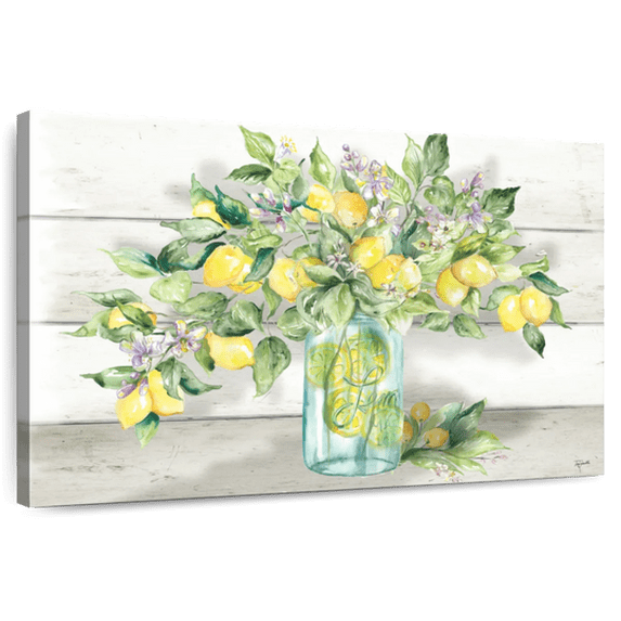 Elephant Stock Watercolor Lemons In Mason Jar Landscape Wall Art - Horizontal Canvas Wall Art - Hallway Wall Decor - Food And Drink Canvas - Yellow And Green Decor By Tre Sorelle Studios - 51" x 34"