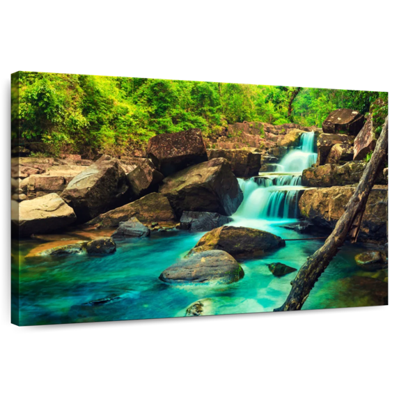 Elephant Stock Waterfall In The Jungle Wall Art - Horizontal Canvas Wall Art - Living Room Wall Decor - Nature Canvas - Turquoise And Brown Decor - 24" x 16"