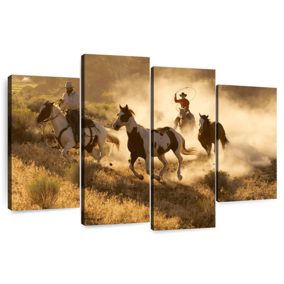 Elephant Stock Western Cowboys Wall Art - Horizontal Multi Panel Canvas - Living Room Wall Decor - Our America Multi Panel - Orange And Green Decor - 84" x 54"