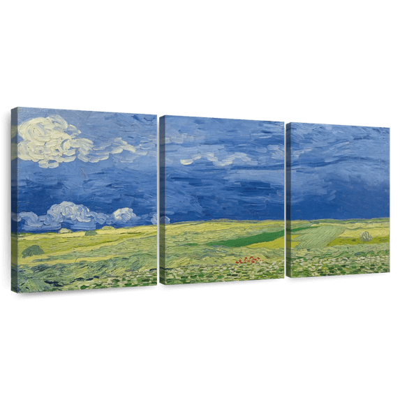 Elephant Stock Wheatfields Under Thunderclouds Wall Art - Horizontal Multi Panel Canvas - Living Room Wall Decor - Nature Multi Panel - Blue And Beige Decor By Vincent Van Gogh - 56" x 27"