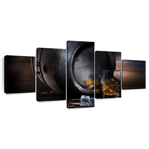 Elephant Stock Whiskey Barrel Wall Art - Horizontal Multi Panel Canvas - Dining Room Wall Decor - Food And Drink Multi Panel - Brown And Gray Decor - 55" x 24"