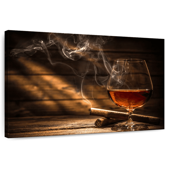 Elephant Stock Whiskey And Cigar Wall Art - Horizontal Canvas Wall Art - Dining Room Wall Decor - Food And Drink Canvas - Black And Brown Decor - 48" x 32"