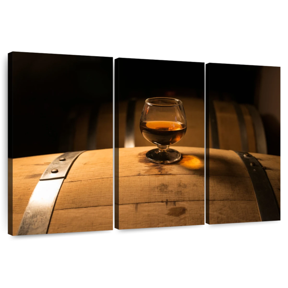 Elephant Stock Whiskey Glass On Barrel Wall Art - Horizontal Multi Panel Canvas - Dining Room Wall Decor - Food And Drink Multi Panel - Brown And Orange Decor - 57" x 36"