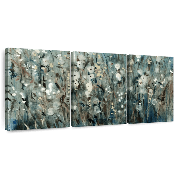 Elephant Stock White Blooms With Navy I Wall Art - Horizontal Multi Panel Canvas - Living Room Wall Decor - Abstract Multi Panel - Blue And Teal Decor By Tim O'toole - 26" x 12"