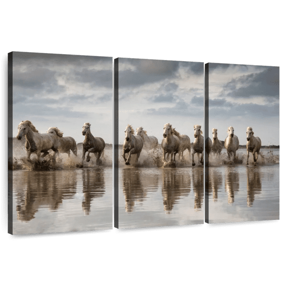 Elephant Stock White Camargue Horse Running In The Ocean V Wall Art - Horizontal Multi Panel Canvas - Living Room Wall Decor - Animal Multi Panel - Beige And Gray Decor By Scott Stulberg - 38" x 24"