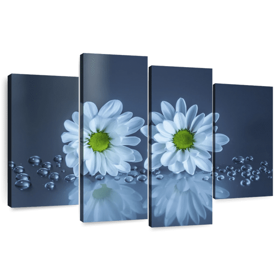 Elephant Stock White Daisies Wall Art - Horizontal Multi Panel Canvas - Living Room Wall Decor - Floral And Botanical Multi Panel - Blue And White Decor - 36" x 22"