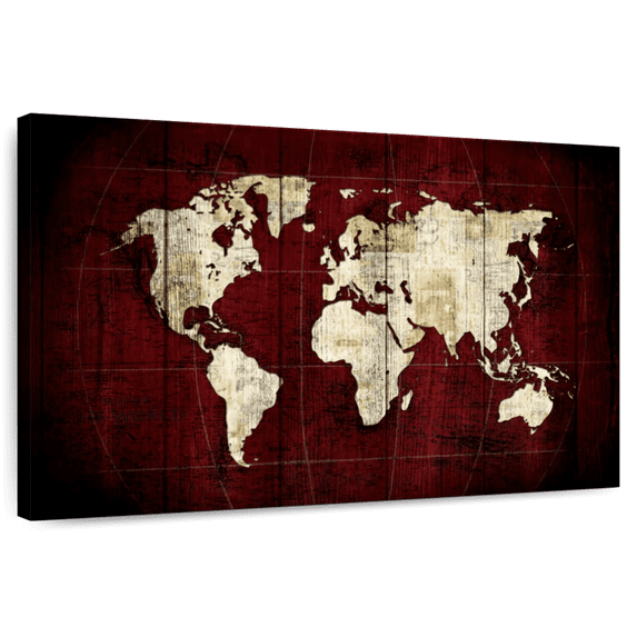 Elephant Stock White On Red World Map Wall Art - Horizontal Canvas Wall Art - Home Office Wall Decor - Map Canvas - Red And Gray Decor - 30" x 20"