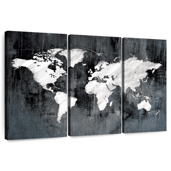Elephant Stock White Paint Grunge World Map Wall Art - Horizontal Multi Panel Canvas - Living Room Wall Decor - Map Multi Panel - Black And Gray Decor - 33" x 20"