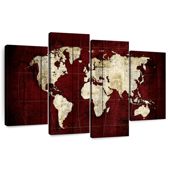 Elephant Stock White On Red World Map Wall Art - Horizontal Multi Panel Canvas - Living Room Wall Decor - Map Multi Panel - Red And Gray Decor - 36" x 22"