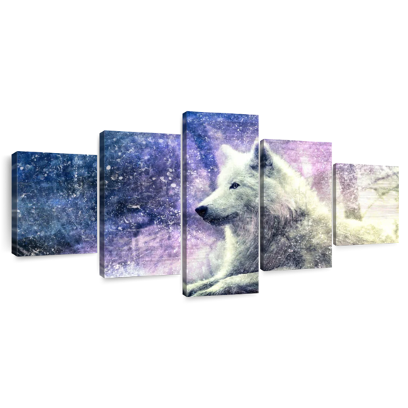 Elephant Stock White Wolf Wall Art - Horizontal Multi Panel Canvas - Living Room Wall Decor - Animal Multi Panel - Blue And Gray Decor - 80" x 36"