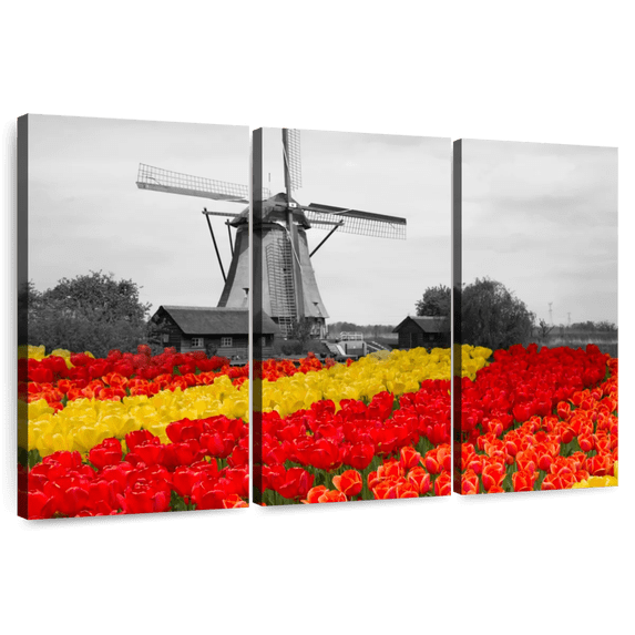 Elephant Stock Windmill Tulip Pop Wall Art - Horizontal Multi Panel Canvas - Hallway Wall Decor - Nature Multi Panel - Red And Black Decor - 65" x 42"