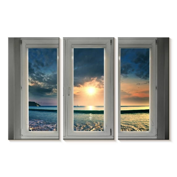 Elephant Stock Window To Beach Scene Wall Art - Horizontal Multi Panel Canvas - Living Room Wall Decor - Beach Multi Panel - Gray And White Decor - 23" x 14"