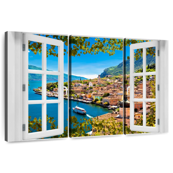 Elephant Stock Window To Limone Sul Garda Wall Art - Horizontal Multi Panel Canvas - Living Room Wall Decor - Beach Multi Panel - White And Blue Decor - 33" x 20"