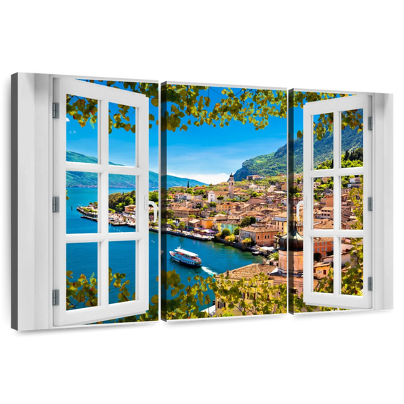 Elephant Stock Window To Limone Sul Garda Wall Art - Horizontal Multi Panel Canvas - Living Room Wall Decor - Beach Multi Panel - White And Blue Decor - 50" x 32"