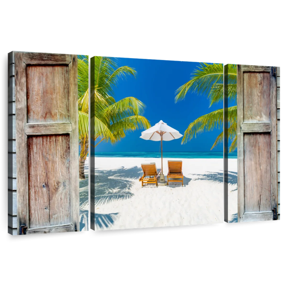 Elephant Stock Window To Maldives Shore Wall Art - Horizontal Multi Panel Canvas - Living Room Wall Decor - Beach Multi Panel - Brown And Blue Decor - 39" x 18"