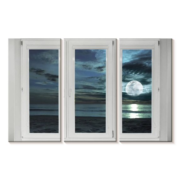 Elephant Stock Window To Moonlit Beach Wall Art - Horizontal Multi Panel Canvas - Living Room Wall Decor - Nature Multi Panel - Gray And Blue Decor - 57" x 36"
