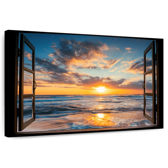 Elephant Stock Window To Pacific Beach Wall Art - Horizontal Canvas Wall Art - Living Room Wall Decor - Beach Canvas - Black And Blue Decor - 48" x 32"