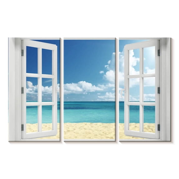 Elephant Stock Window To Remote Beach Wall Art - Horizontal Multi Panel Canvas - Living Room Wall Decor - Beach Multi Panel - Blue And White Decor - 50" x 32"