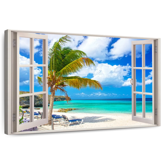 Elephant Stock Window Scene Wall Art - Horizontal Canvas Wall Art - Living Room Wall Decor - Beach Canvas - Blue And Green Decor - 48" x 32"