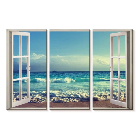 Elephant Stock Window To Sultry Beach Wall Art - Horizontal Multi Panel Canvas - Living Room Wall Decor - Beach Multi Panel - White And Brown Decor - 23" x 14"