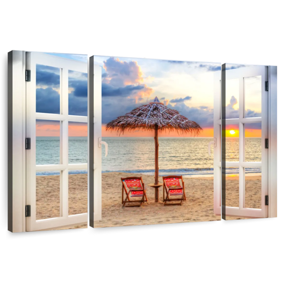 Elephant Stock Window To Summer Beach Wall Art - Horizontal Multi Panel Canvas - Living Room Wall Decor - Beach Multi Panel - Red And Beige Decor - 39" x 18"