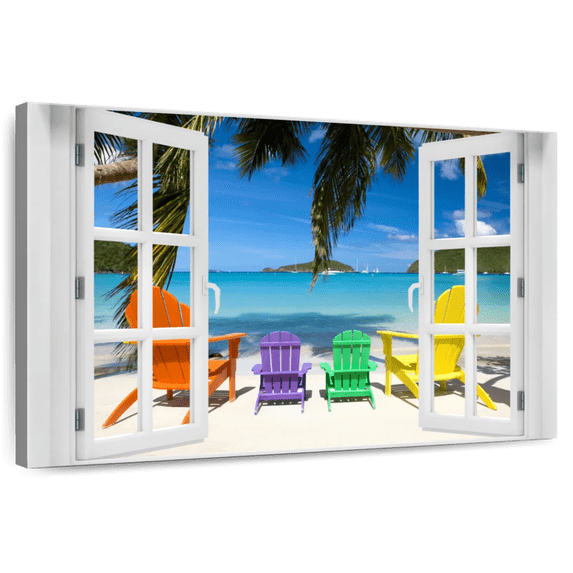 Elephant Stock Window To Vibrant Beach Wall Art - Horizontal Canvas Wall Art - Living Room Wall Decor - Beach Canvas - Blue And Orange Decor - 12" x 8"