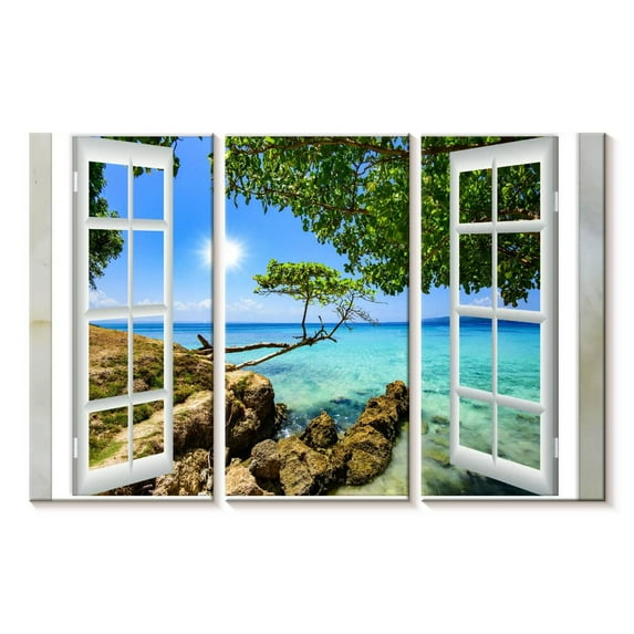 Elephant Stock Window View Wall Art - Horizontal Multi Panel Canvas - Living Room Wall Decor - Beach Multi Panel - Green And Blue Decor - 50" x 32"