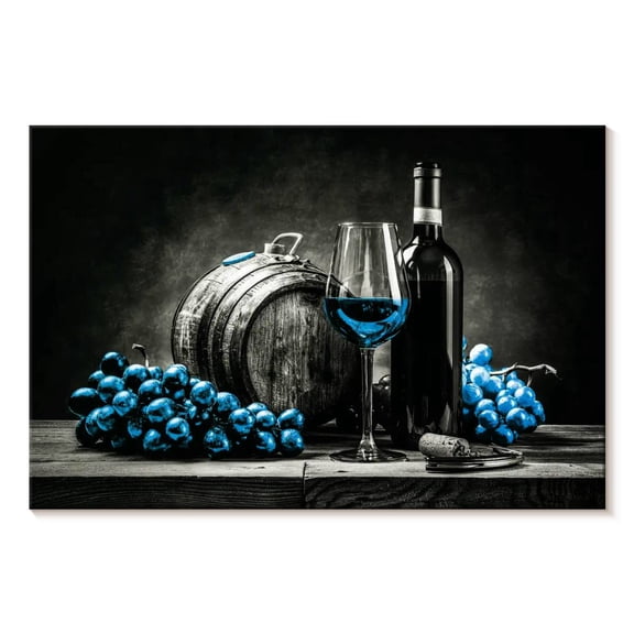 Elephant Stock Wine And Grapes Blue Pop Wall Art - Horizontal Canvas Wall Art - Dining Room Wall Decor - Food And Drink Canvas - Blue And Black Decor - 30" x 20"
