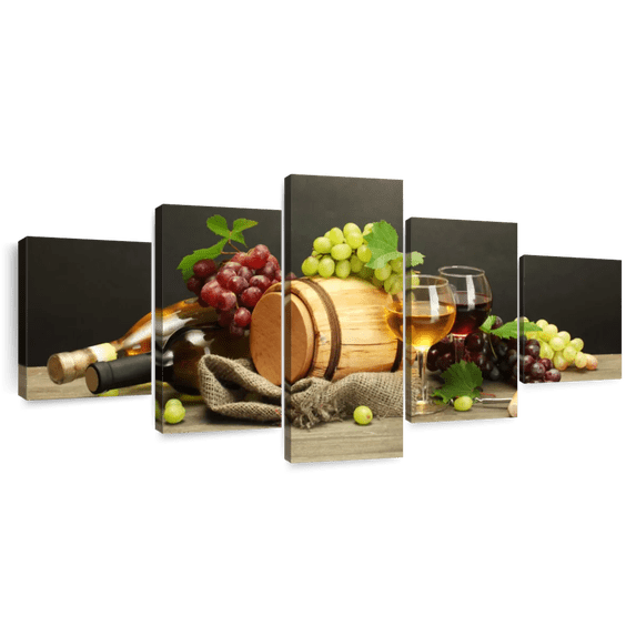 Elephant Stock Wine And Grapes Wall Art - Horizontal Multi Panel Canvas - Dining Room Wall Decor - Food And Drink Multi Panel - Brown And Yellow Decor - 55" x 24"