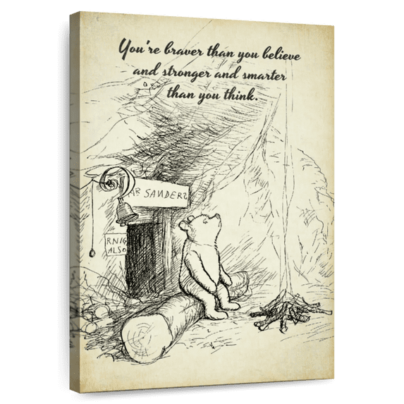 Elephant Stock Winnie The Pooh Braver Quote Wall Art - Vertical Canvas Wall Art - Living Room Wall Decor - Kids And Nursery Canvas - Yellow And Gray Decor - 30" x 45"