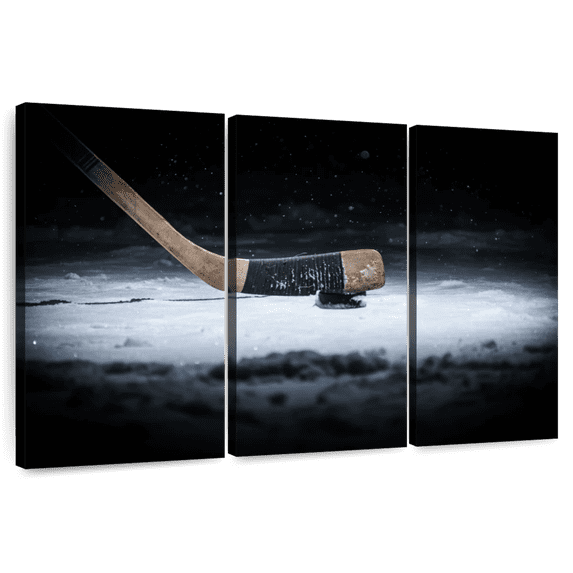 Elephant Stock Winter Hockey Wall Art - Horizontal Multi Panel Canvas - Living Room Wall Decor - Sports Multi Panel - Black And Gray Decor - 65" x 42"