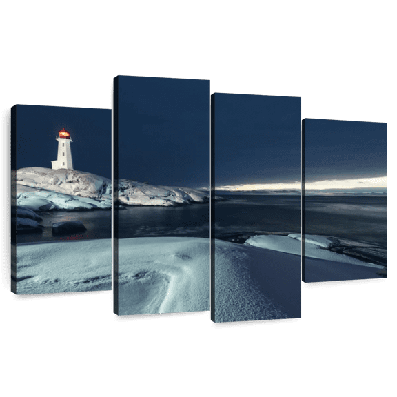 Elephant Stock Wintry Peggy's Cove Lighthouse Wall Art - Horizontal Multi Panel Canvas - Living Room Wall Decor - Nautical Multi Panel - Gray And Blue Decor - 84" x 54"