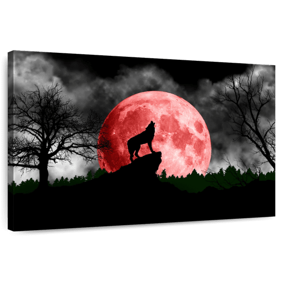 Elephant Stock Wolf And Moon Wall Art - Horizontal Canvas Wall Art - Dining Room Wall Decor - Gothic Canvas - Black And Gray Decor - 48" x 32"