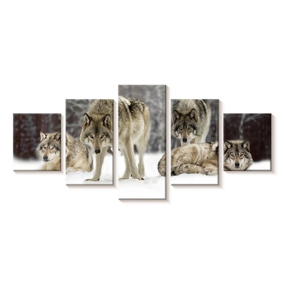 Elephant Stock Wolf Pack Wall Art - Horizontal Multi Panel Canvas - Living Room Wall Decor - Animal Multi Panel - Brown And Gray Decor - 29" x 12"
