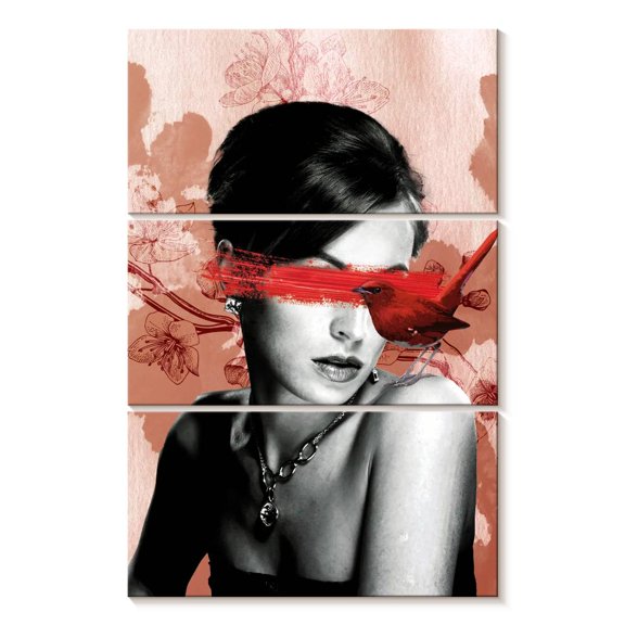 Elephant Stock Woman And Bird Wall Art - Vertical Multi Panel Canvas - Living Room Wall Decor - People Multi Panel - Gray And Brown Decor - 24" x 38"