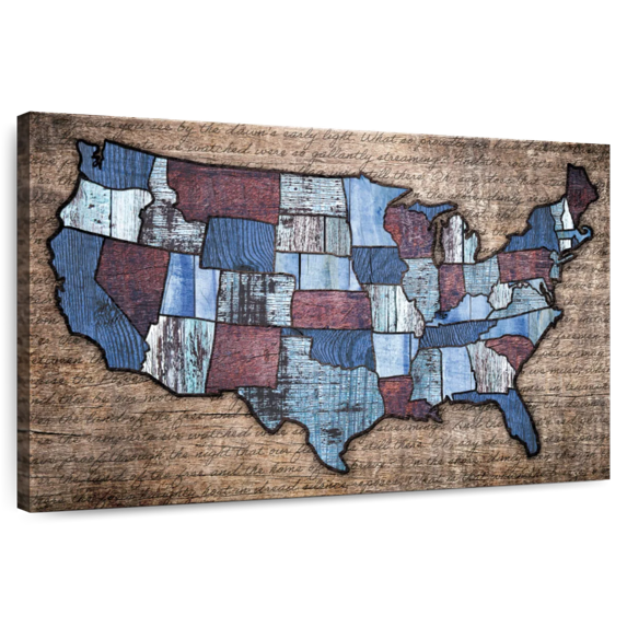 Elephant Stock Wood Grain Usa Map Wall Art - Horizontal Canvas Wall Art - Living Room Wall Decor - Map Canvas - Gray And Beige Decor - 30" x 20"