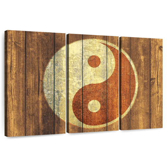 Elephant Stock Wood Style Yin Yang Wall Art - Horizontal Multi Panel Canvas - Living Room Wall Decor - Wellness Multi Panel - Brown And Beige Decor - 74" x 48"