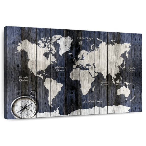Elephant Stock Wood Texture World Map Wall Art - Horizontal Canvas Wall Art - Living Room Wall Decor - Map Canvas - Gray And Black Decor - 48" x 32"