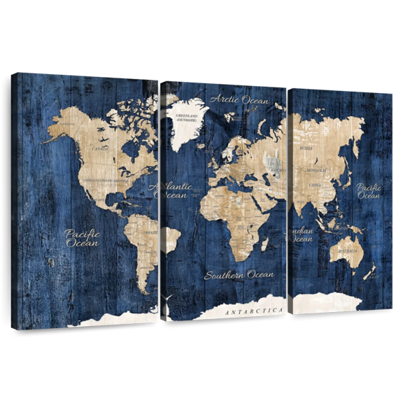 Elephant Stock Wood Textured World Map Wall Art - Horizontal Multi Panel Canvas - Living Room Wall Decor - Map Multi Panel - White And Blue Decor - 33" x 20"