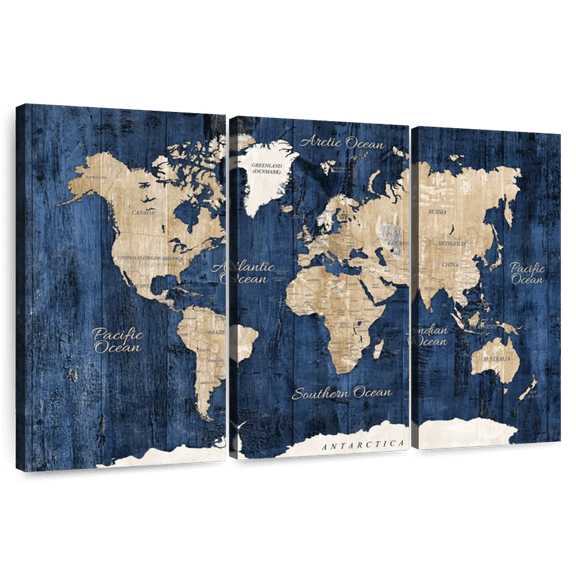 Elephant Stock Wood Textured World Map Wall Art - Horizontal Multi Panel Canvas - Living Room Wall Decor - Map Multi Panel - White And Blue Decor - 57" x 36"