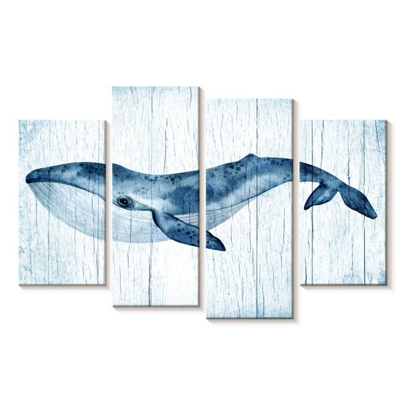 Elephant Stock Wooden Blue Whale Wall Art - Horizontal Multi Panel Canvas - Living Room Wall Decor - Animal Multi Panel - Blue And White Decor - 30" x 18"