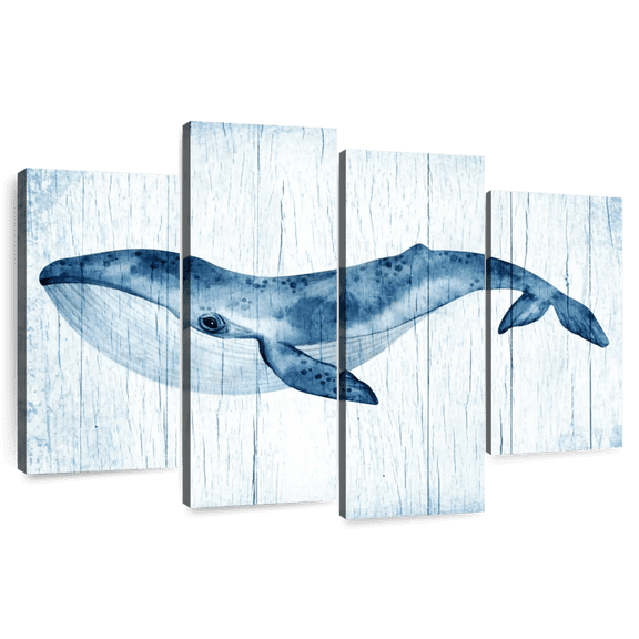 Elephant Stock Wooden Blue Whale Wall Art - Horizontal Multi Panel Canvas - Living Room Wall Decor - Animal Multi Panel - Blue And White Decor - 52" x 32"