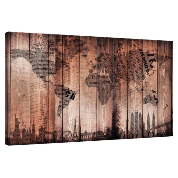 Elephant Stock Wooden Landmark World Map Wall Art - Horizontal Canvas Wall Art - Living Room Wall Decor - Map Canvas - Gray And Brown Decor - 12" x 8"