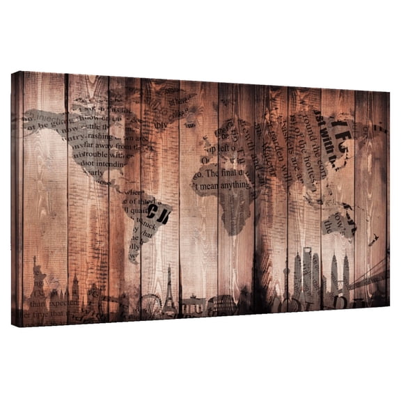 Elephant Stock Wooden Landmark World Map Wall Art - Horizontal Canvas Wall Art - Living Room Wall Decor - Map Canvas - Gray And Brown Decor - 12" x 8"