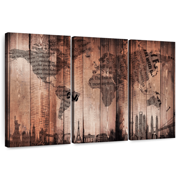 Elephant Stock Wooden Landmark World Map Wall Art - Horizontal Multi Panel Canvas - Living Room Wall Decor - Map Multi Panel - Gray And Brown Decor - 57" x 36"