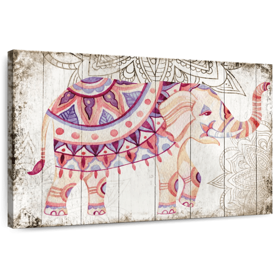 Elephant Stock Wooden Mandala Elephant Wall Art - Horizontal Canvas Wall Art - Living Room Wall Decor - Animal Canvas - Purple And Yellow Decor - 51" x 34"