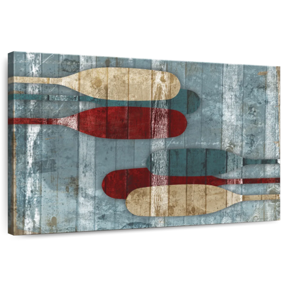 Elephant Stock Wooden Oars Wall Art - Horizontal Canvas Wall Art - Living Room Wall Decor - Nautical Canvas - Blue And Red Decor By Jace Grey - 30" x 20"